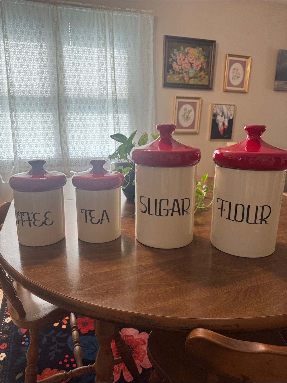 Ceramic Kitchen Canister Set with Red Lids - Coffee, Tea, Sugar, Flour
